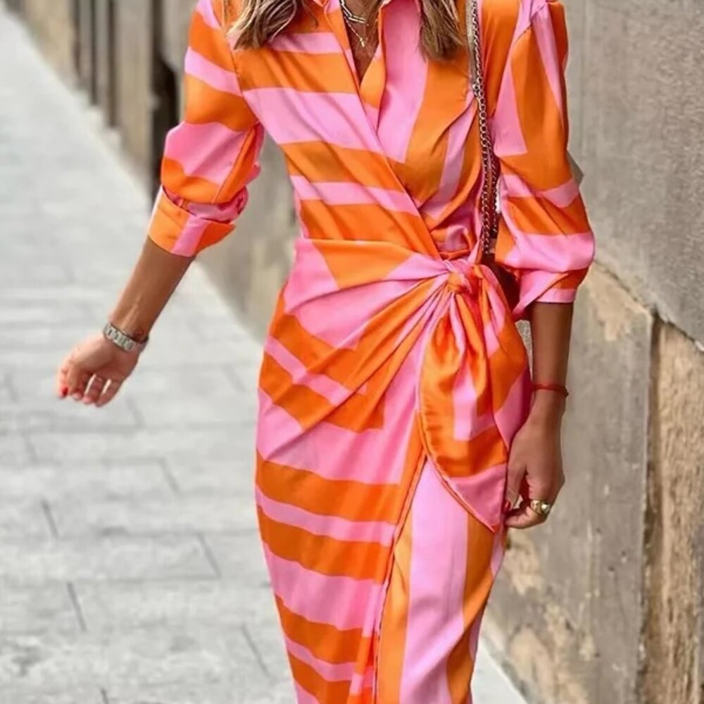 High Waisted Long Sleeves Asymmetric Knot Printed Striped Lapel Maxi Dresses